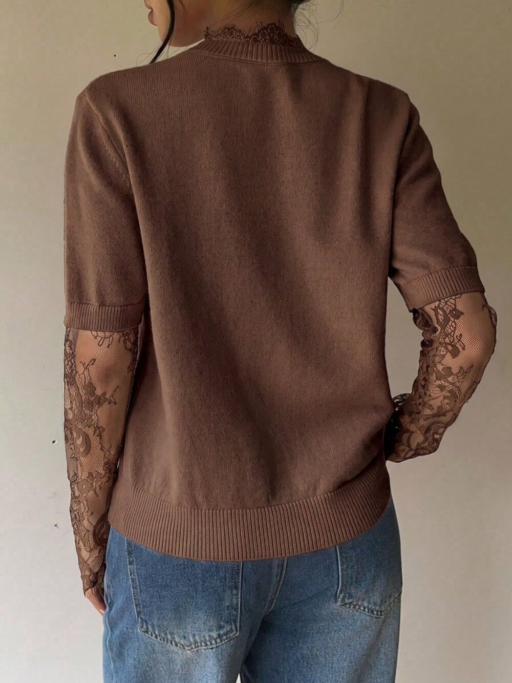 Brown Casual Women's Lace detailed Plush Knit Sweater top - Picture 2 of 9
